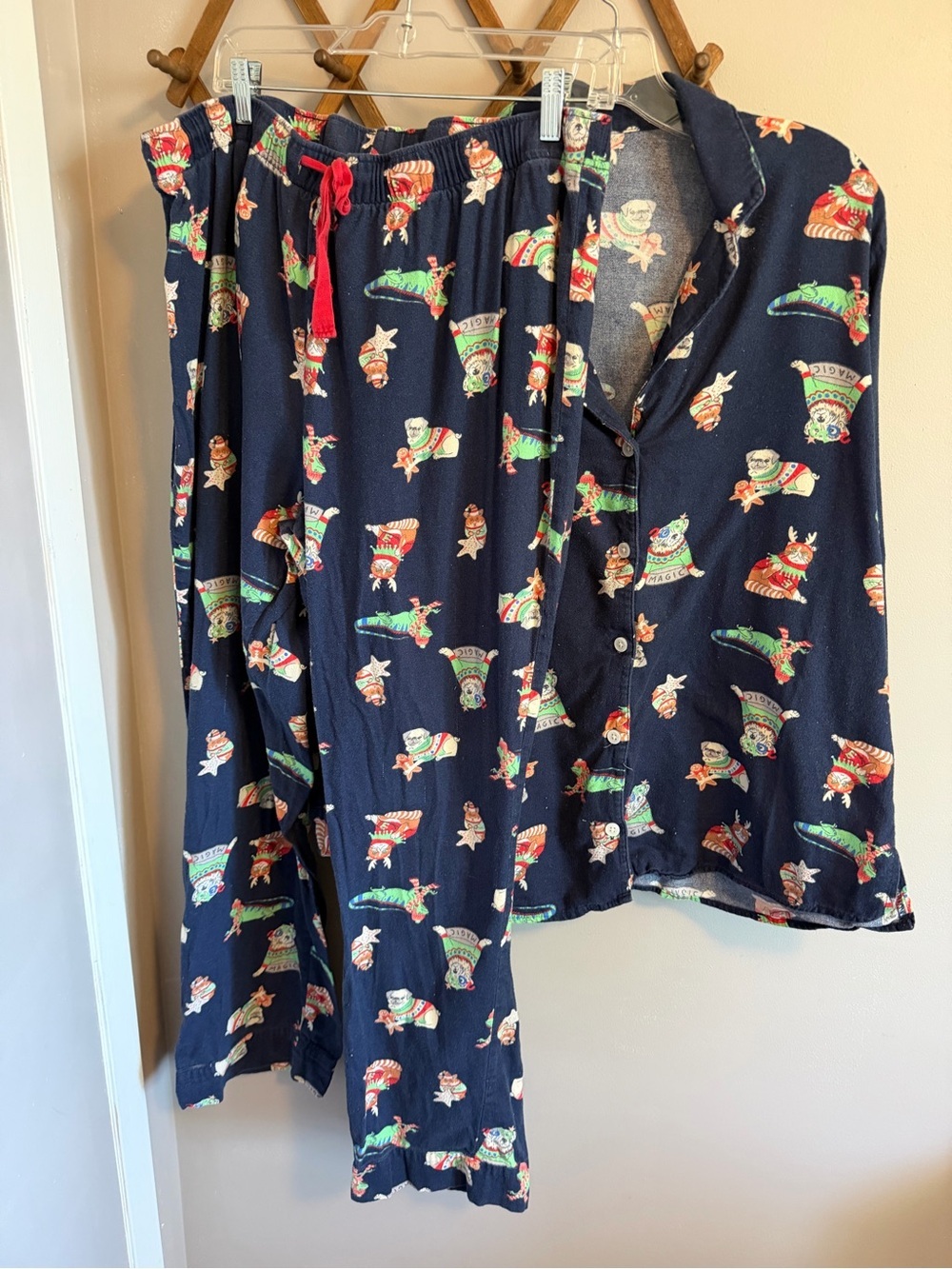 Old Navy flannel Blue Festive Christmas Holiday Pets Pajama Set Navy XL
